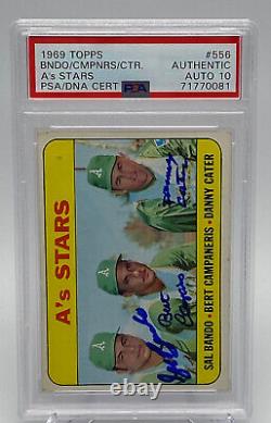 1969 Topps #556 A's Stars signed by Bando, Campaneris & Cater. PSA 10 RARE