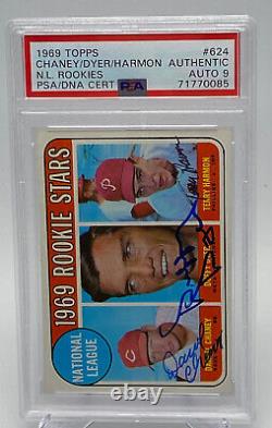 1969 Topps #624 NL Rookie Stars signed by Chaney, Dyer & Harmon. PSA 9 RARE