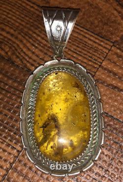 2.67 High Navajo Sterling Silver & Baltic Amber With Insects Pendant Signed LTT