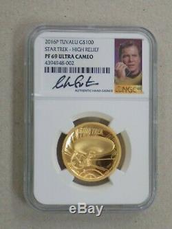 2016 Tuvalu $100 1 Oz Proof Gold Star Trek High Relief Ngc Pf69 Shatner Signed