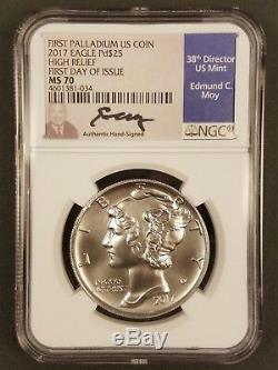 2017 HIGH RELIEF $25 PALLADIUM EAGLE NGC MS70 FDI SIGNED EDMUND C MOY First DAY