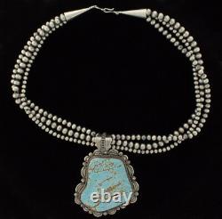 3-Strand Silver Bead Necklace With High Grade Natural #8 Turquoise Pendant