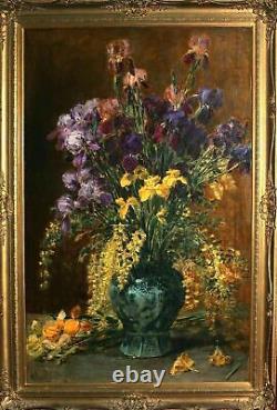 ALEXIS KREYDER-Listed French-Large-Signed Oil Painting-Irises-1800s -5 feet high
