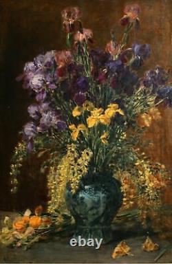 ALEXIS KREYDER-Listed French-Large-Signed Oil Painting-Irises-1800s -5 feet high