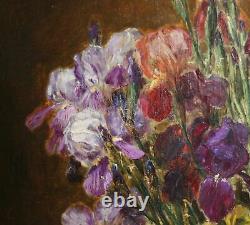 ALEXIS KREYDER-Listed French-Large-Signed Oil Painting-Irises-1800s -5 feet high