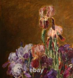 ALEXIS KREYDER-Listed French-Large-Signed Oil Painting-Irises-1800s -5 feet high