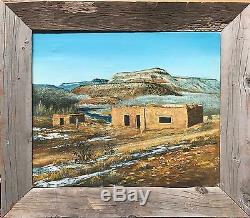 Adobes in NM High Desert, by Waugh, 1975, Original Signed Oil, Rustic Frame