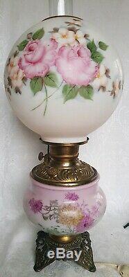 Antique Gone With The Wind Signed Phoenix Floral Oil Lamp Converted 23'' High