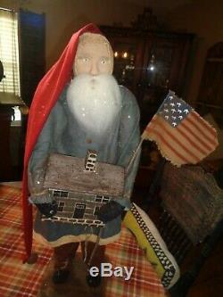 Arnett Patriotic 28 inch LARGE Santa with Log Cabin. Retired, highly collectible