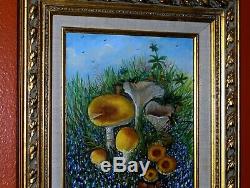 Bluebonnet Landscape Mushroom Green High Grass Field Cloud Sky Original Painting