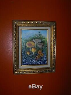 Bluebonnet Landscape Mushroom Green High Grass Field Cloud Sky Original Painting