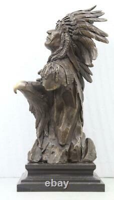 Bronze Bust of a Native American Indian 31cm High Signed Marble Base