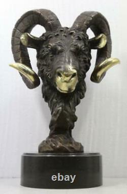 Bronze Sculpture Ram's Head 45cm High Signed Solid Marble Base
