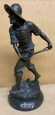 Bronze Sculpture of a Fisherman Casting 35cm High Solid Marble Base Signed