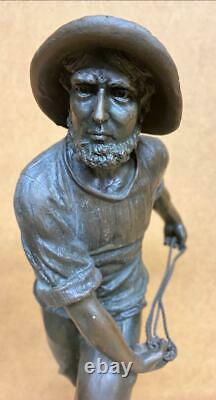 Bronze Sculpture of a Fisherman Casting 35cm High Solid Marble Base Signed