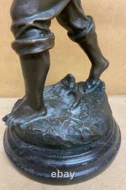 Bronze Sculpture of a Fisherman Casting 35cm High Solid Marble Base Signed