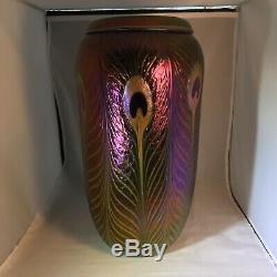 CHARLES LOTTON SIGNED Iridescent Peacock Vase 1997. 14 High GORGEOUS