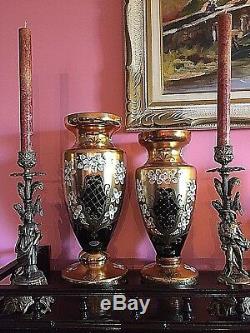 Czech Bohemian Egermann Gold High Enamel Black Crystal Art Glass 2 Luxury Vases