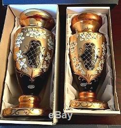 Czech Bohemian Egermann Gold High Enamel Black Crystal Art Glass 2 Luxury Vases