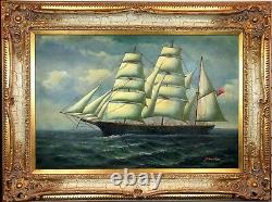 Fine 1900s Antique H. Parker On The High Seas Clipper Sea Ship Oil Painting
