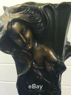 Floran Signed Bronze Art Nouveau Vase High Relief Female Both Sides 17 Tall