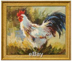 Framed Beautiful High Quality Oil Painting of a White Rooster 24X28