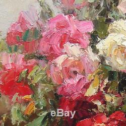 Framed High Quality Oil Painting Of Colorful Roses In Vase By A Cup 24X28
