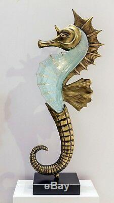 Fused Glass & Bronze Seahorse 1 Meter High On A Marble Base Handmade In Greece