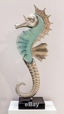 Fused Glass & Bronze Seahorse 1 Meter High On A Marble Base Handmade In Greece