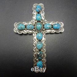 HUGE Signed NAVAJO Sterling Silver and High Blue MORENCI Turquoise CROSS PENDANT