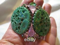 HUGE Signed SCHREINER Brooch/Pendant Pin Pink Jade Green Plastic glas High Dome