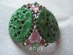 HUGE Signed SCHREINER Brooch/Pendant Pin Pink Jade Green Plastic glas High Dome