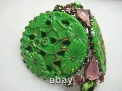 HUGE Signed SCHREINER Brooch/Pendant Pin Pink Jade Green Plastic glas High Dome