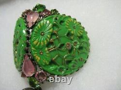 HUGE Signed SCHREINER Brooch/Pendant Pin Pink Jade Green Plastic glas High Dome