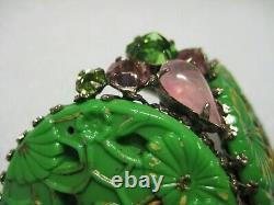 HUGE Signed SCHREINER Brooch/Pendant Pin Pink Jade Green Plastic glas High Dome