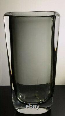 High Thickwall NILS LANDBERG ORREFORS SWEDEN Signed Smoke Grey Glass Vase, H 10