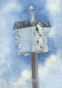 High-rise Condo, Birdhouse Debra Sepos original oil 5 x 7 aviary bird house