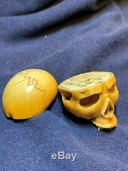 Japanese Carved Netuke Memento Mori Hand Carved Skull Netuke Highly Signed