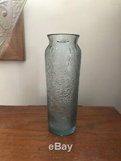LALIQUE Crystal Blossom Bud Bougainviller Vase Blue Tint 7 High