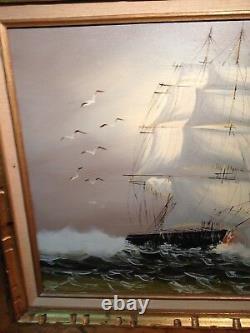 LARGE Vintage 29 BY 25 OIL PAINTING ON CANVAS SAILING SHIP ON THE HIGH SEAS