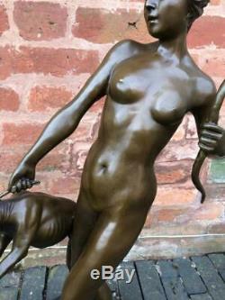 Large Art Deco Bronze Diana the Huntress with Dog 82cm High Signed E McCartan
