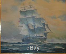 Large Naval Painting Three Masted Ship on High Seas Signed and Framed