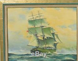 Large Naval Painting Three Masted Ship on High Seas Signed and Framed