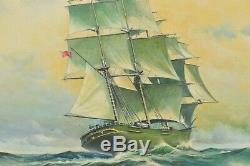 Large Naval Painting Three Masted Ship on High Seas Signed and Framed