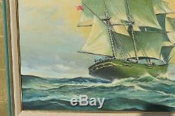 Large Naval Painting Three Masted Ship on High Seas Signed and Framed