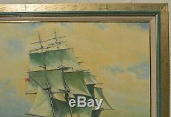 Large Naval Painting Three Masted Ship on High Seas Signed and Framed