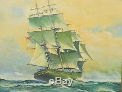 Large Naval Painting Three Masted Ship on High Seas Signed and Framed