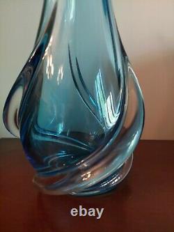 Large Signed Chalet Art Glass Rare Blue Twist Vase 16 1/2 High