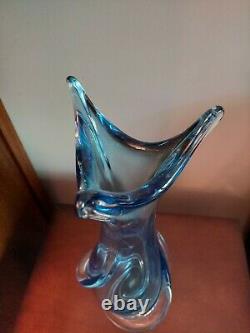 Large Signed Chalet Art Glass Rare Blue Twist Vase 16 1/2 High