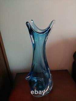 Large Signed Chalet Art Glass Rare Blue Twist Vase 16 1/2 High